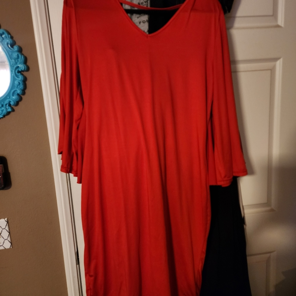Red Jersey body con batwing cape dress